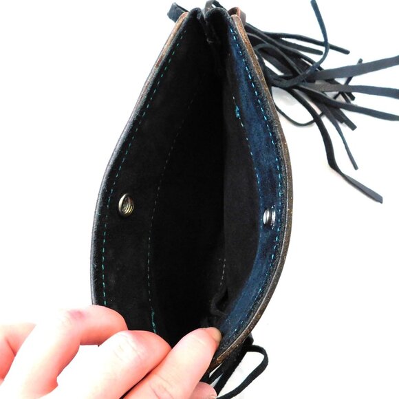 Leather Fringe Wallet Small Clutch Purse Western Black Brown Blue Snap - Picture 3 of 7